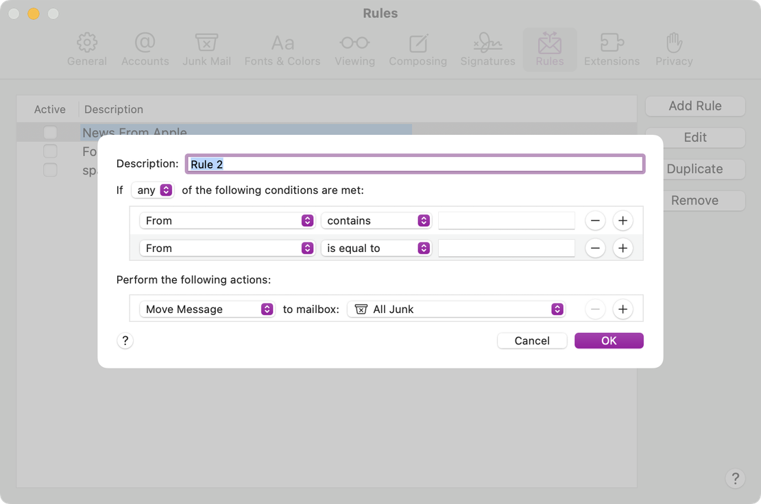 Reglas de filtrado de Apple Mail