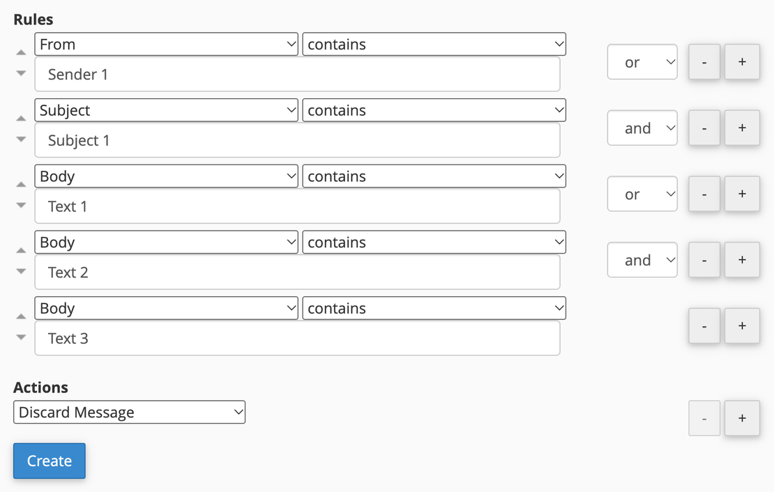 Interfaz de filtros de correo de cPanel
