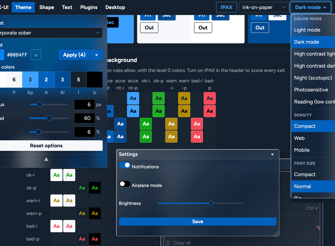 Modo oscuro con acentos azules y glassmorphism. IPAX Score tiene en cuenta la opacidad para asegurar que toda la matriz de tinta, papel y acentos cumpla los requisitos de contraste de WCAG.