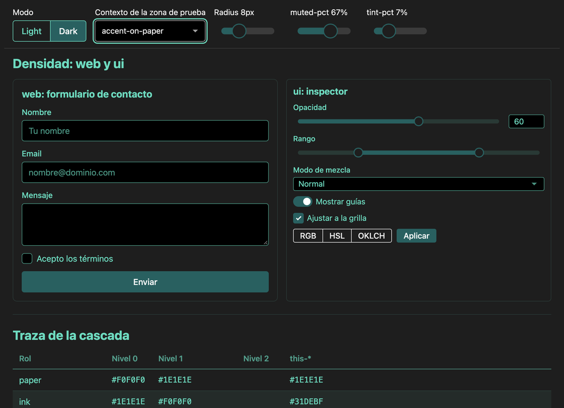 Componentes de interfaz (botones, campos, checkboxes y otros) construidos a partir del mismo conjunto de tokens.