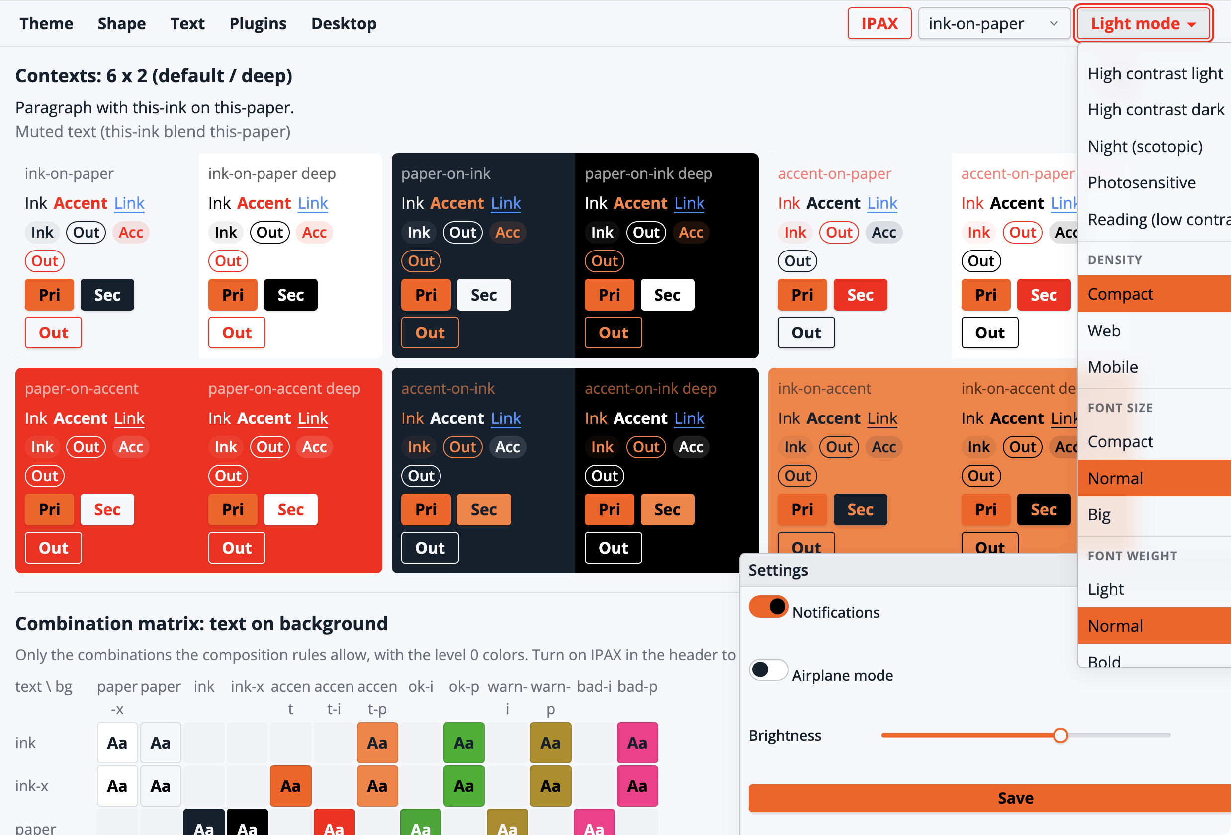 Modo claro, con 6 × 2 contextos derivados de la definición de un único color naranja de marca.