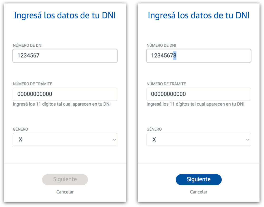 Capturas de pantalla de sistema bancario. Luego de ingresar un número de DNI válido de 7 dígitos, el botón "Siguiente" permanece deshabilitado. Para poder continuar, el sistema requiere el ingreso de un octavo dígito.